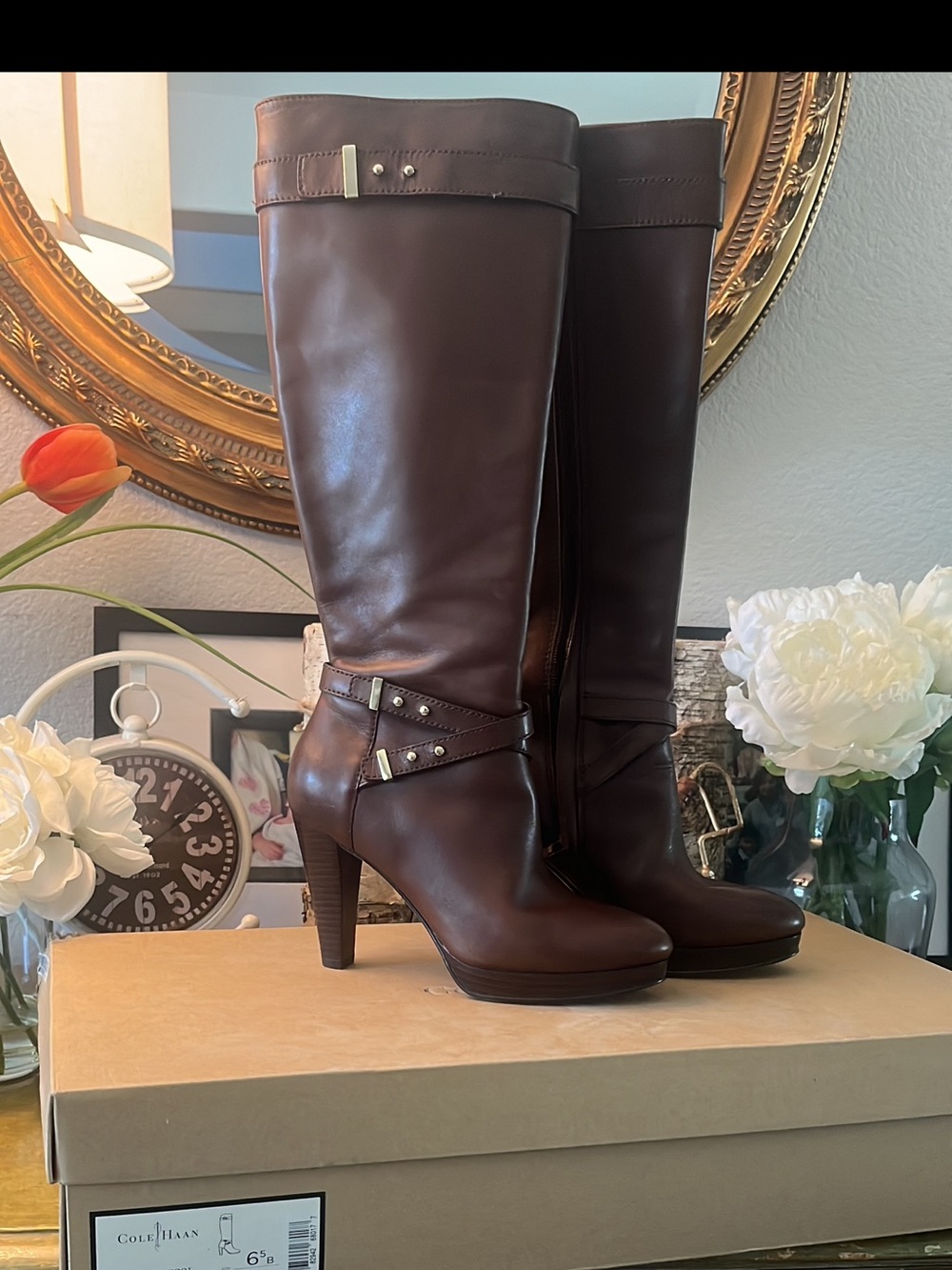 Brand new never been used Cole Haan Dark Brown Leather Knee Boot with Stacked